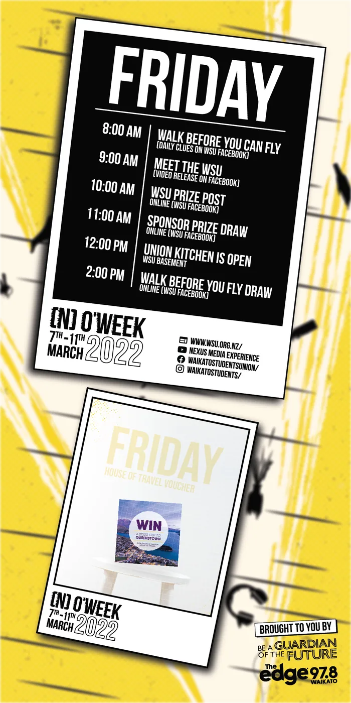 The app's Friday screen: the timetable card ending on the Walk Before You Fly draw, a House of Travel voucher in the prize polaroid under it