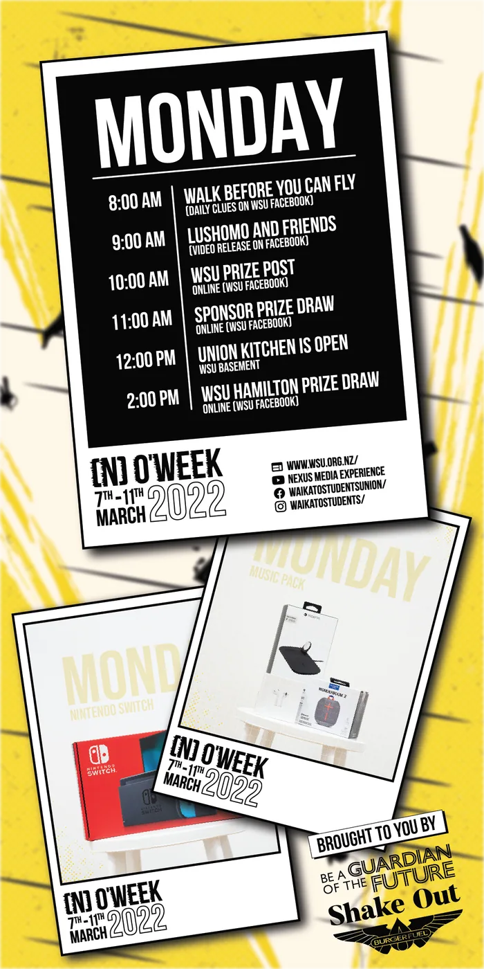 The app's Monday screen: the day's timetable on a black card over (N) O'Week yellow, a Nintendo Switch and a music pack in the prize polaroids fanned under it