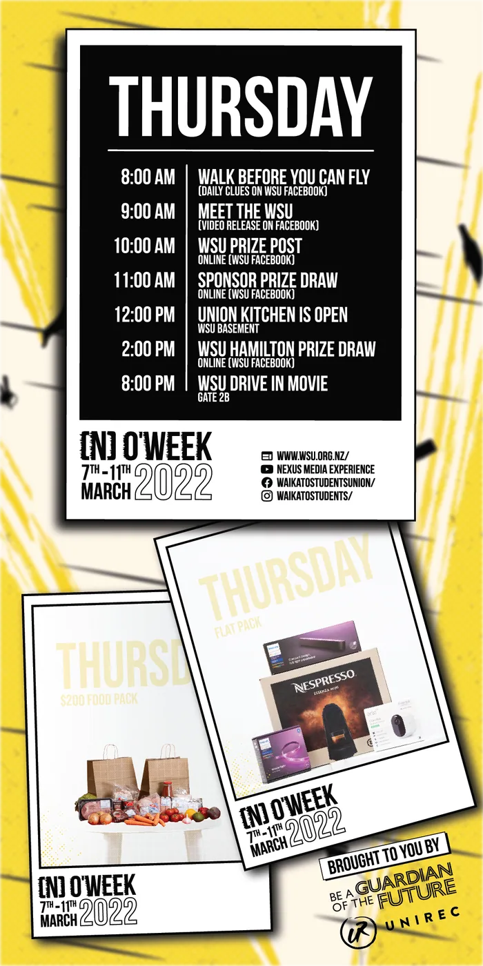 The app's Thursday screen: the timetable card ending on the drive-in movie, a food pack and a flat pack in the prize polaroids under it