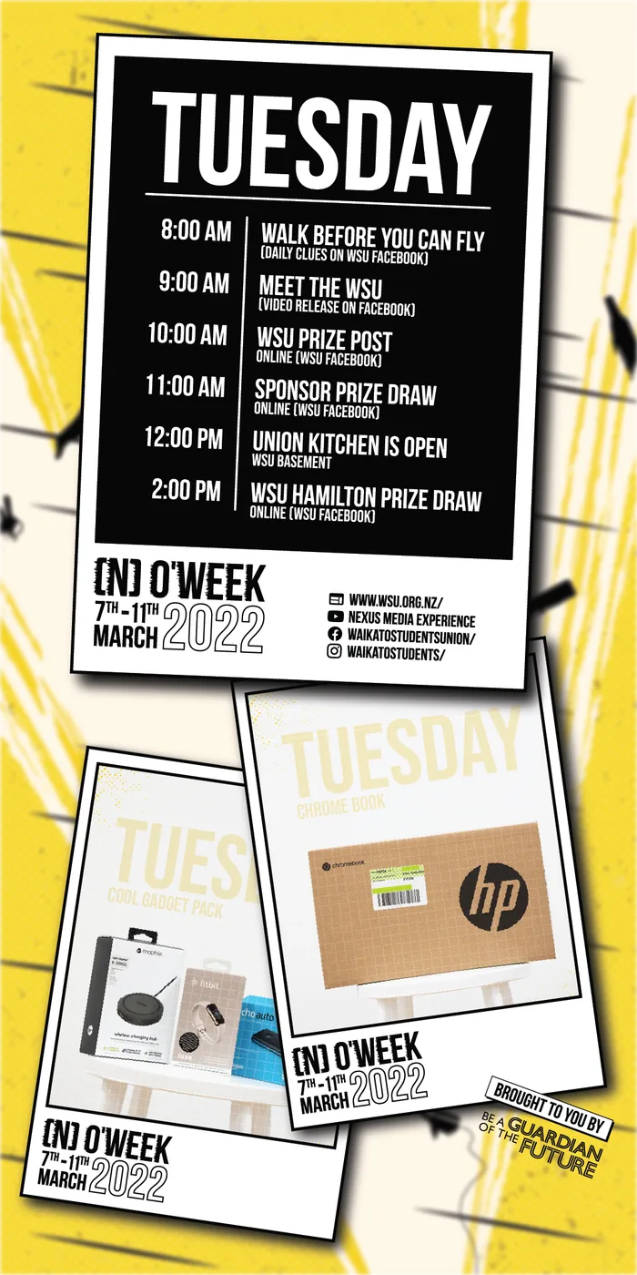 The app's Tuesday screen: the day's timetable card, a gadget pack and a Chromebook in the prize polaroids under it