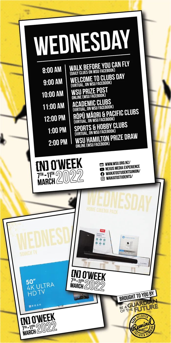 The app's Wednesday screen, clubs day: the timetable card, a 4K television and a home cinema pack in the prize polaroids under it