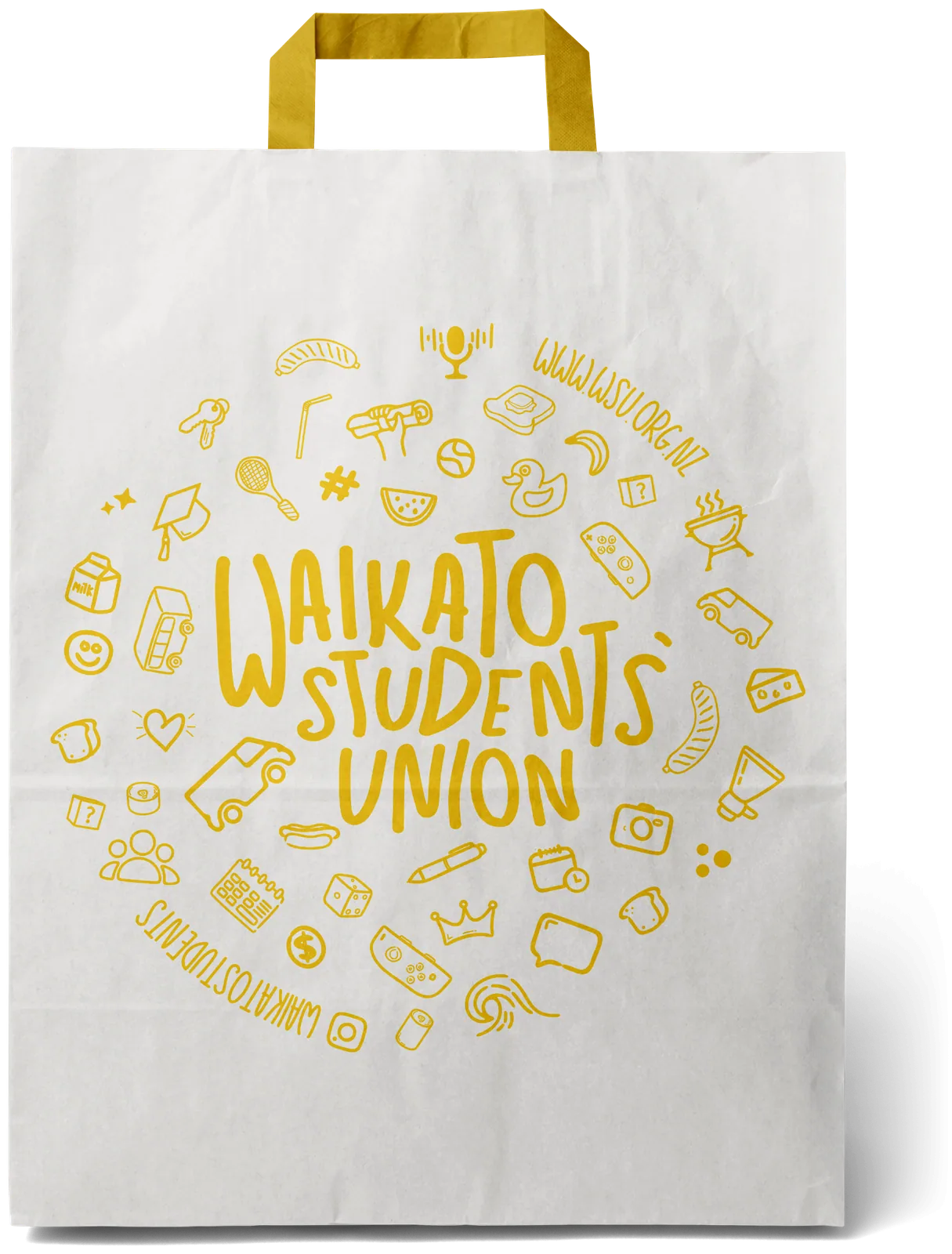 White paper bag with the gold union doodle print
