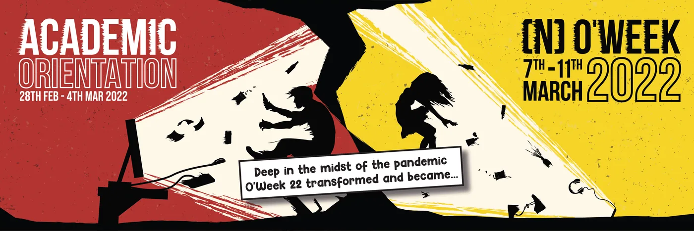 Website banner: Academic Orientation red beside (N) O'Week yellow, with the campaign's speech box between them
