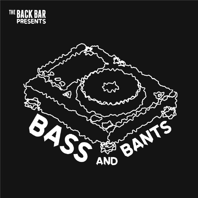 Bass and Bants cover: a white line drawing of a turntable on black, presented by The Back Bar