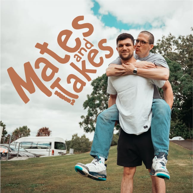 Mates and Takes season two cover: one host piggybacking the other across a lawn, the logo scrawled up the side
