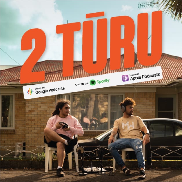 2 Tūru cover: the two hosts slouched in chairs outside a brick flat under big orange type