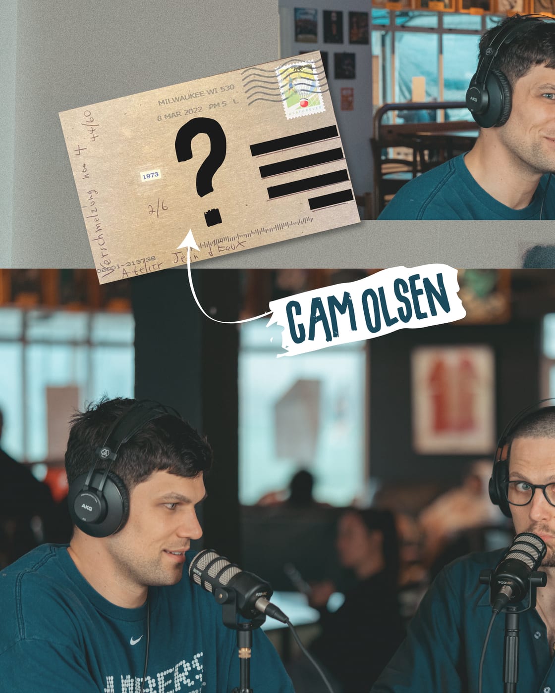 A postcard prop with a question mark, Cam Olsen head in hand behind it