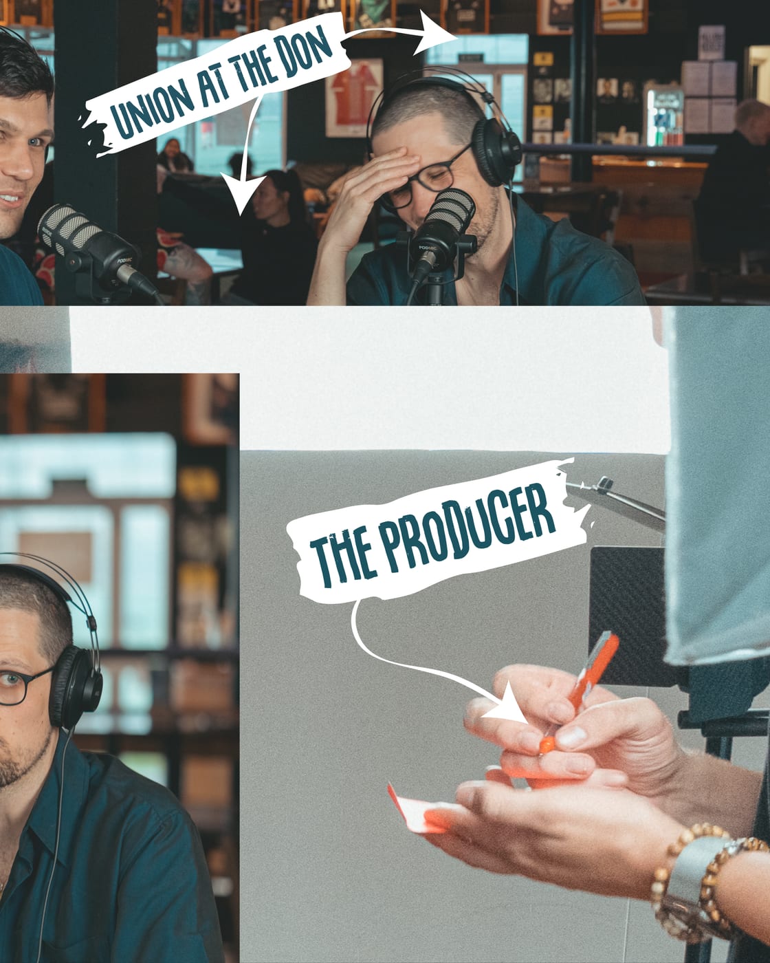 Cam and Oliver at the mics while the producer keeps notes