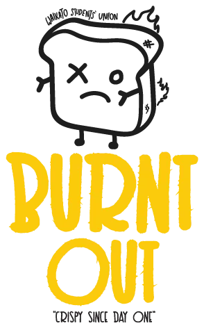 Burnt out logotype in gold under the toast character