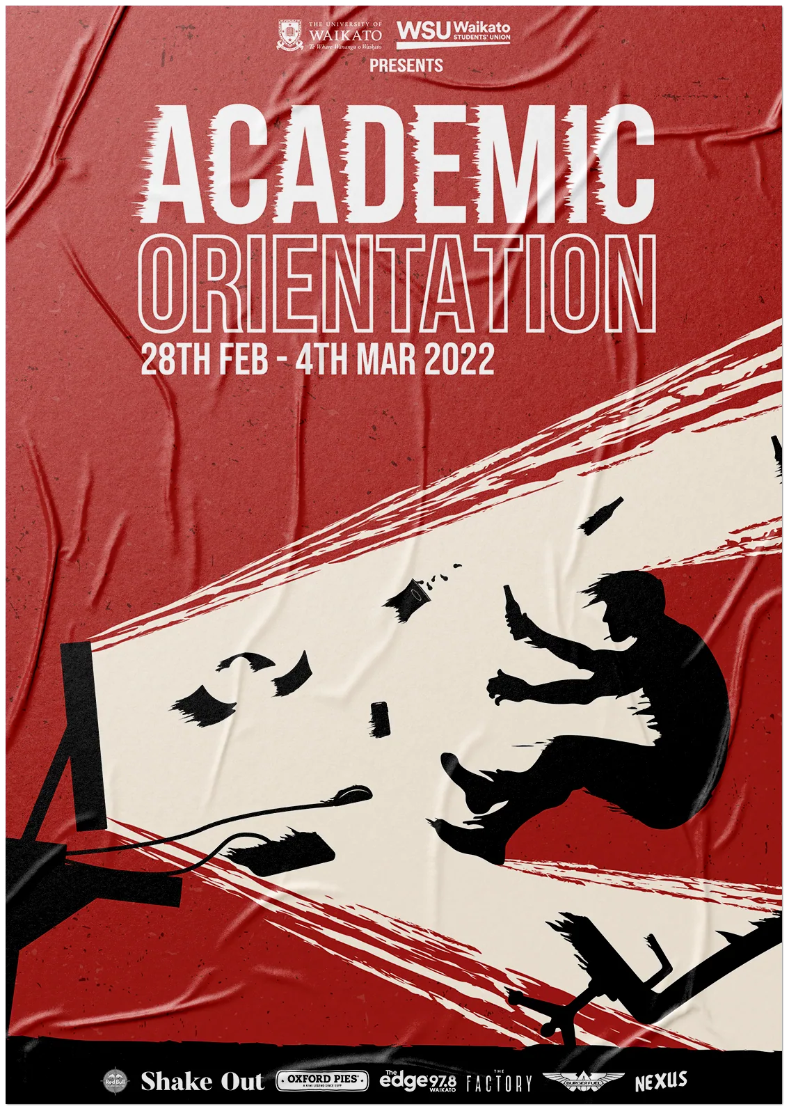 Academic Orientation poster: a silhouetted student thrown back off a cream light beam on firebrick red