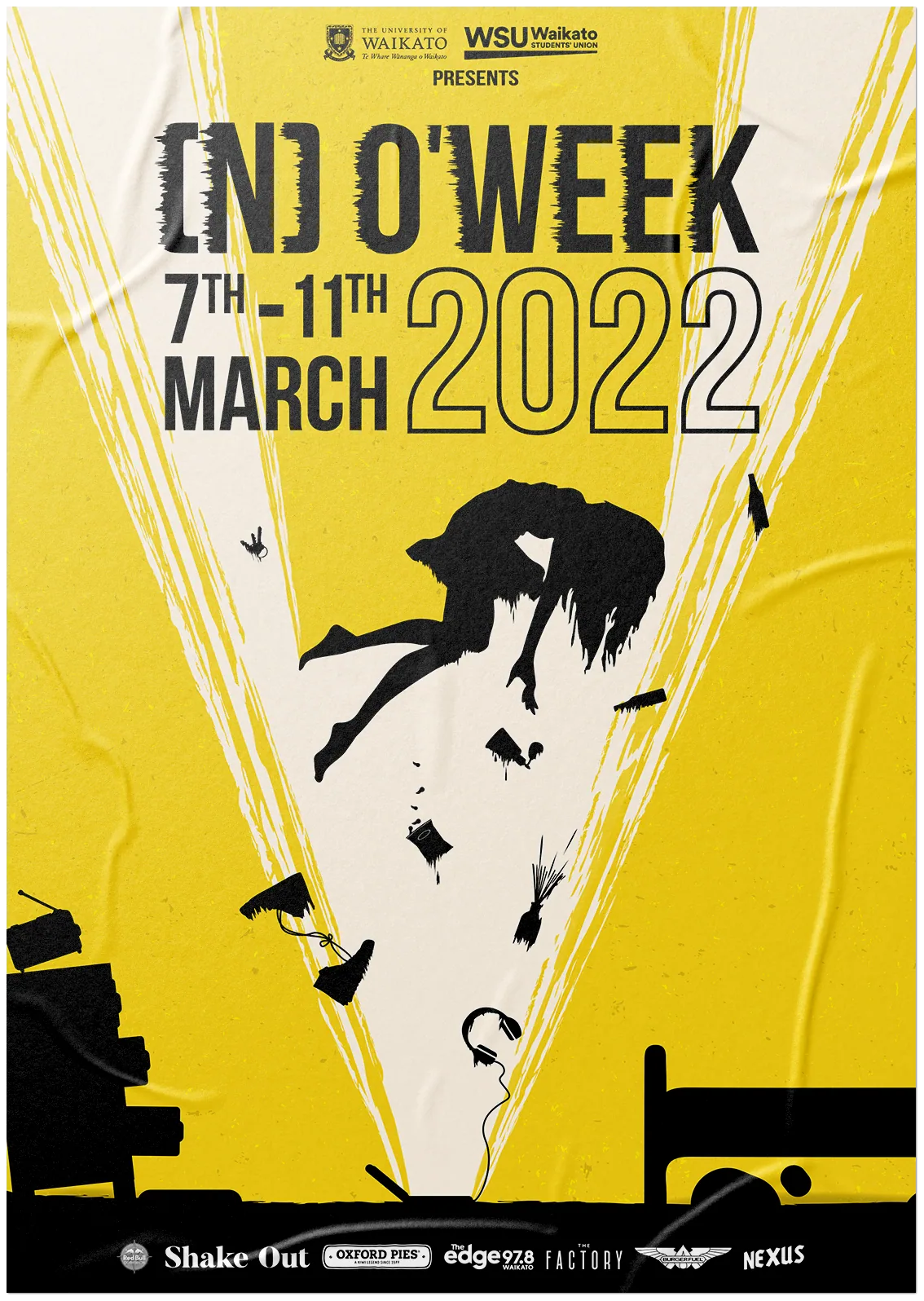 (N) O'Week poster: a figure flung upward out of a bright yellow beam over a bed and a desk