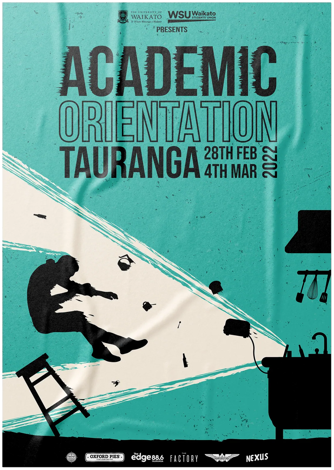 Academic Orientation Tauranga poster: a hunched figure caught in a cream beam on medium aquamarine