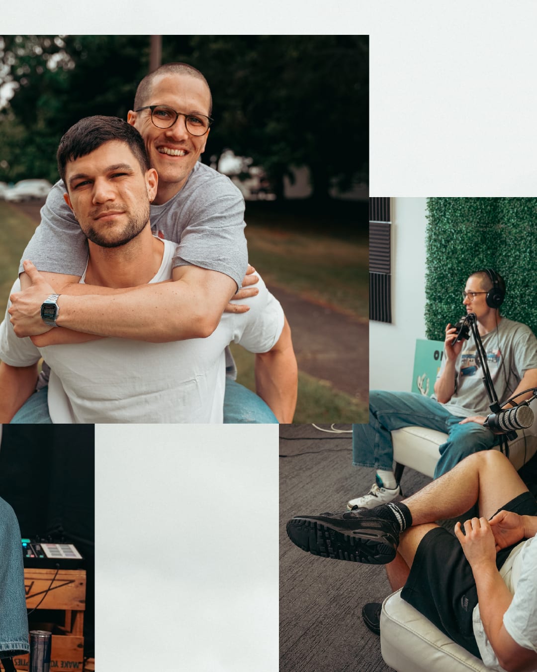 A piggyback hug on the lawn outside the studio
