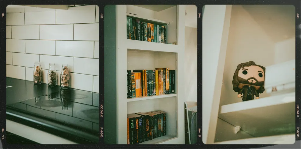 Jars, bookshelf, Funko