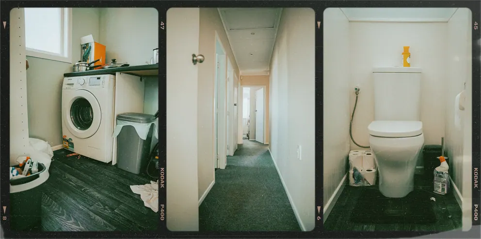 Laundry, hallway, bathroom