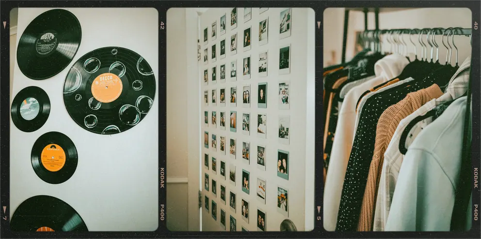Records, polaroid wall, the rack
