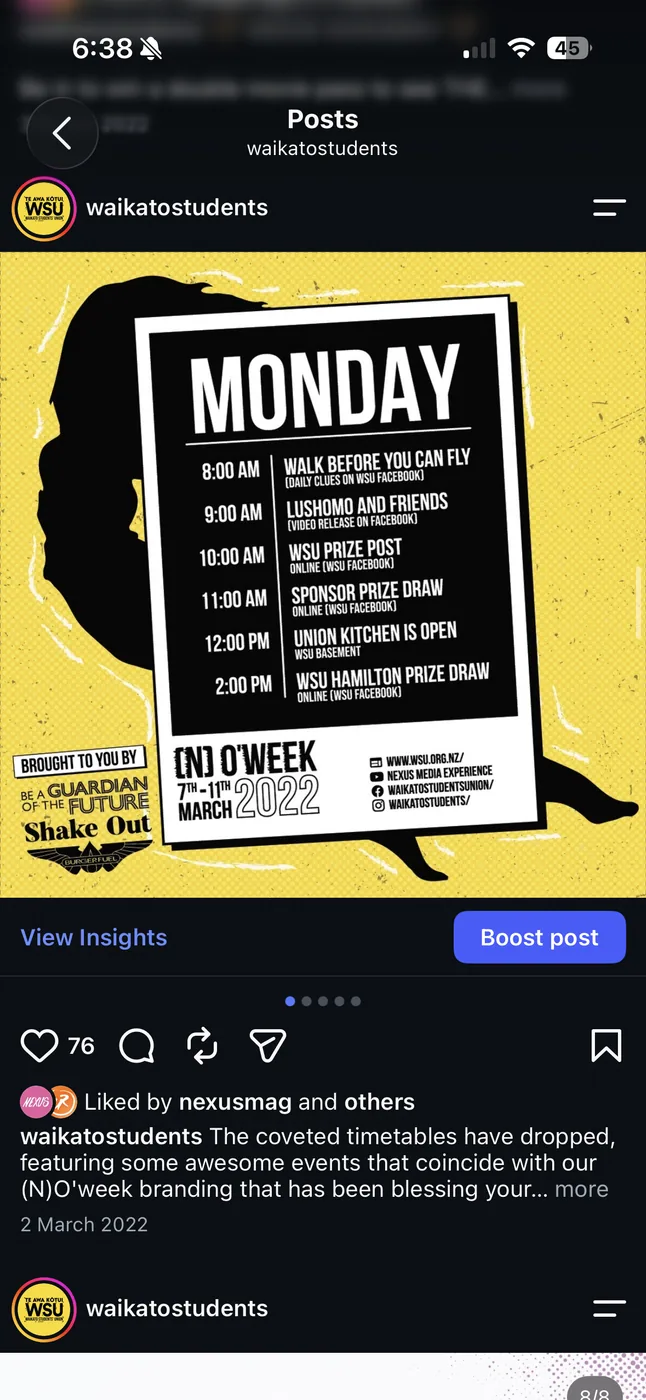 An Instagram post from waikatostudents: the Monday timetable card over (N) O'Week yellow, captioned “The coveted timetables have dropped”