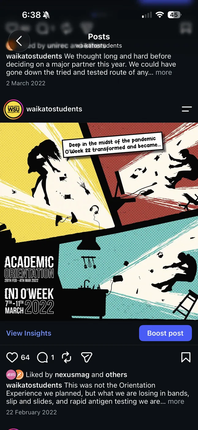 An Instagram post from waikatostudents: the split comic panels, Academic Orientation in red against (N) O'Week in yellow, captioned “This was not the Orientation Experience we planned”