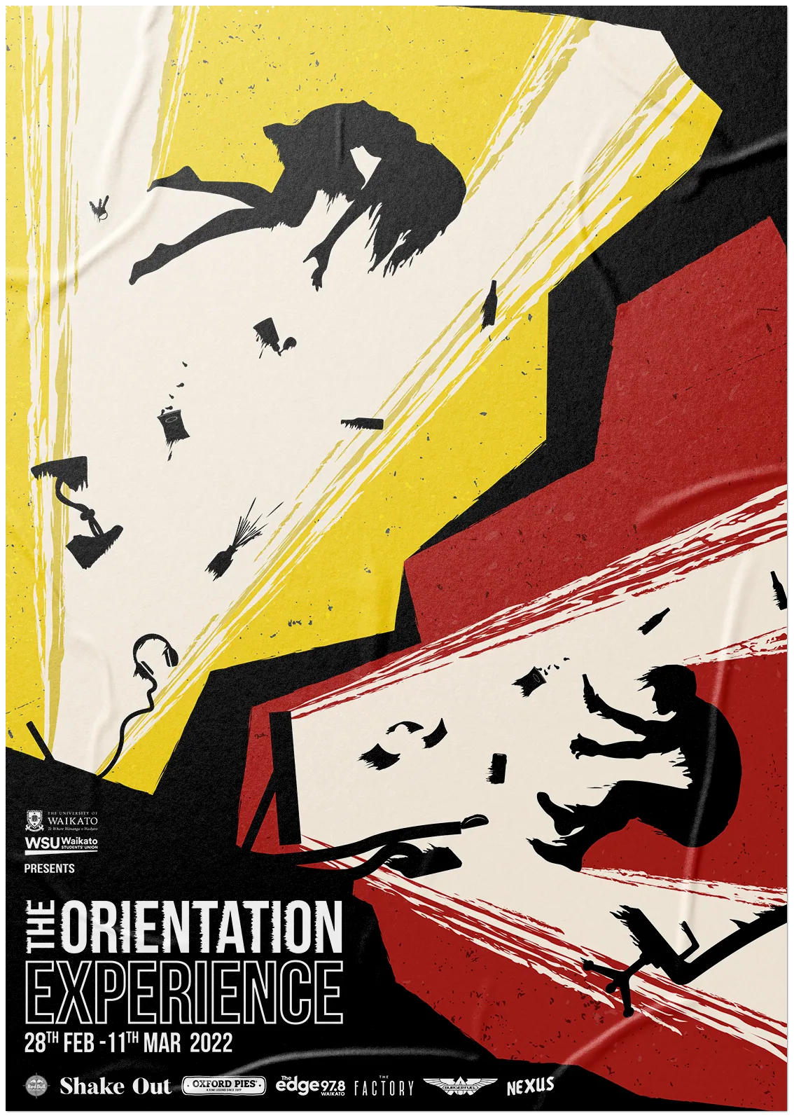 The Orientation Experience split poster: O'Week yellow cracking into Academic Orientation red