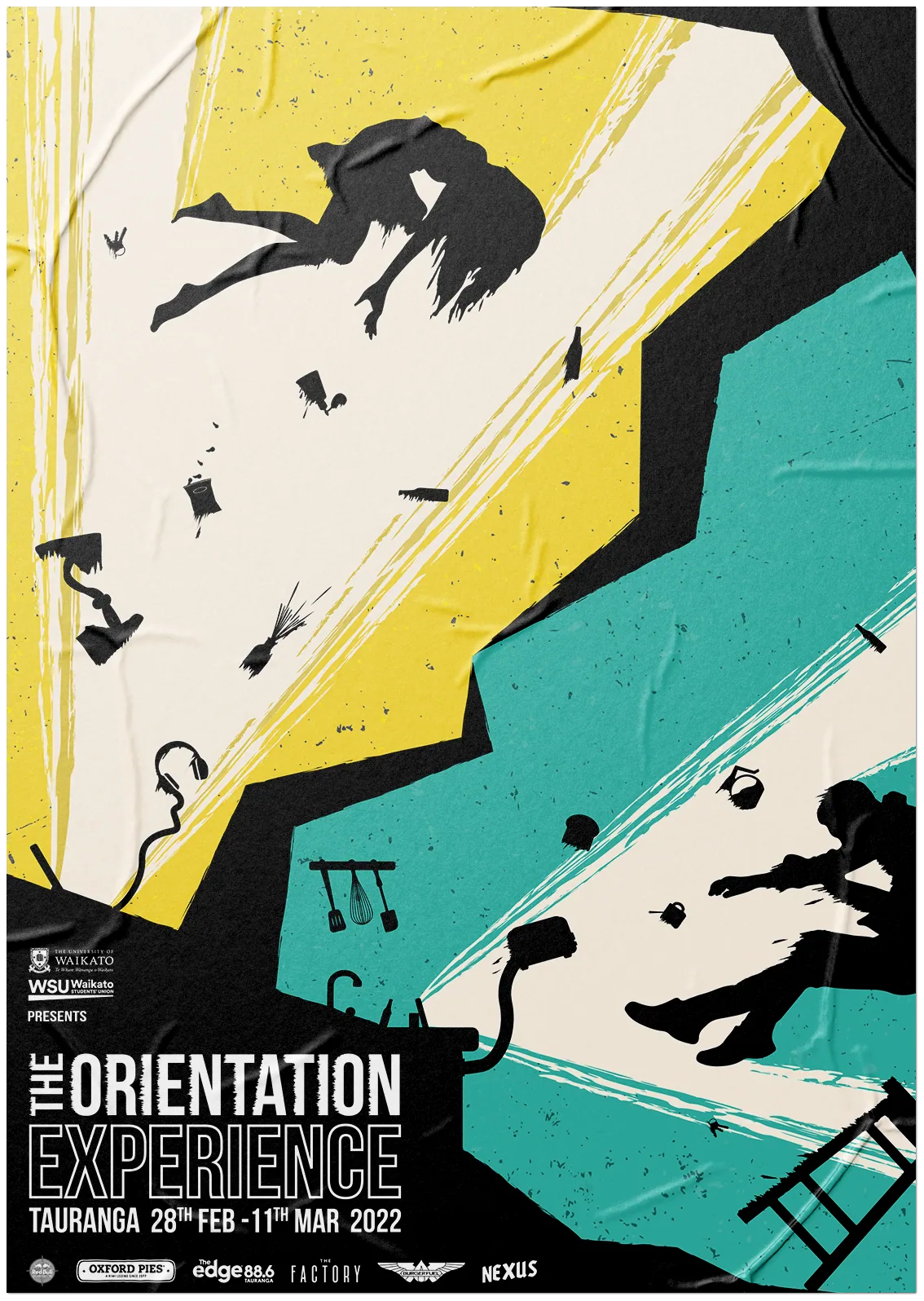 The Orientation Experience Tauranga split poster: O'Week yellow cracking into Academic Orientation teal