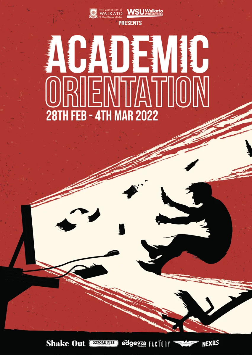 Academic Orientation poster: a silhouetted student thrown back off a cream light beam on firebrick red