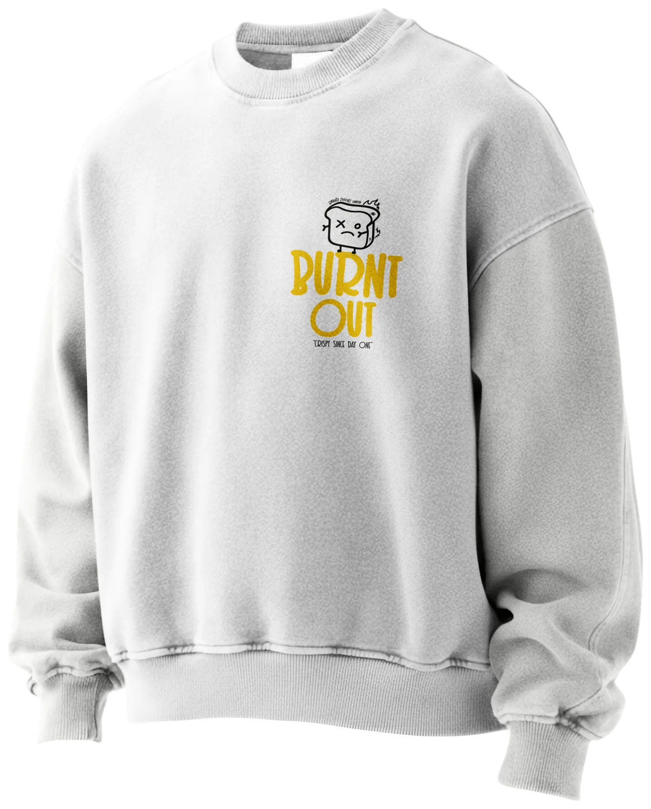 Cream crewneck with the small gold Burnt out chest print