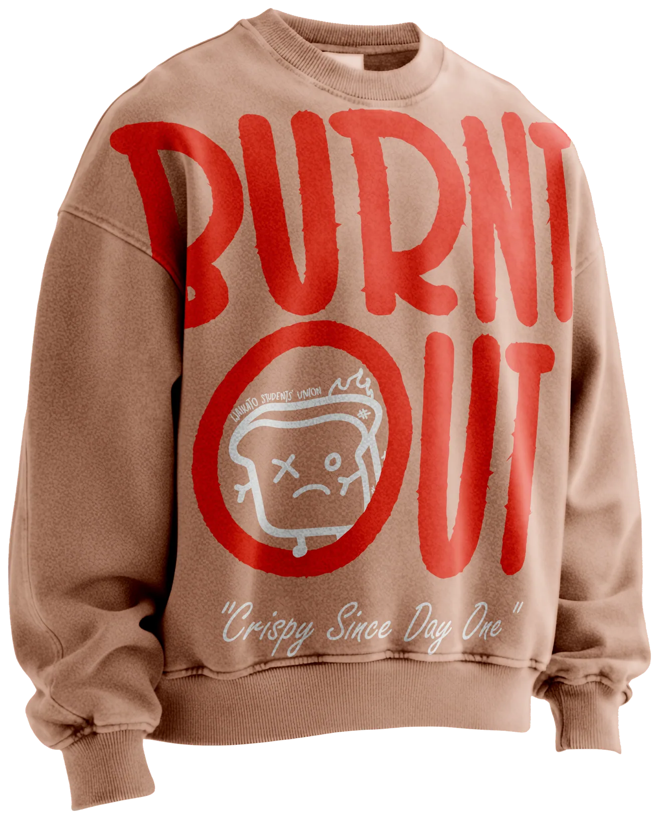 Tan crewneck with Burnt out printed huge in red
