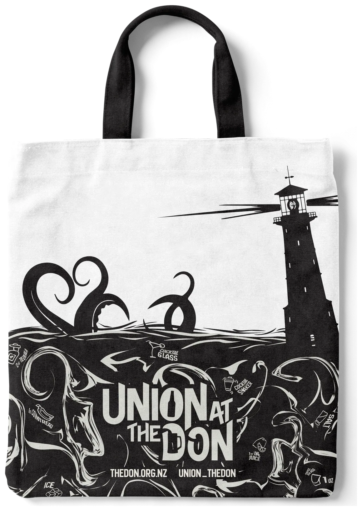 White tote with a lighthouse and kraken tentacles rising out of the swirls