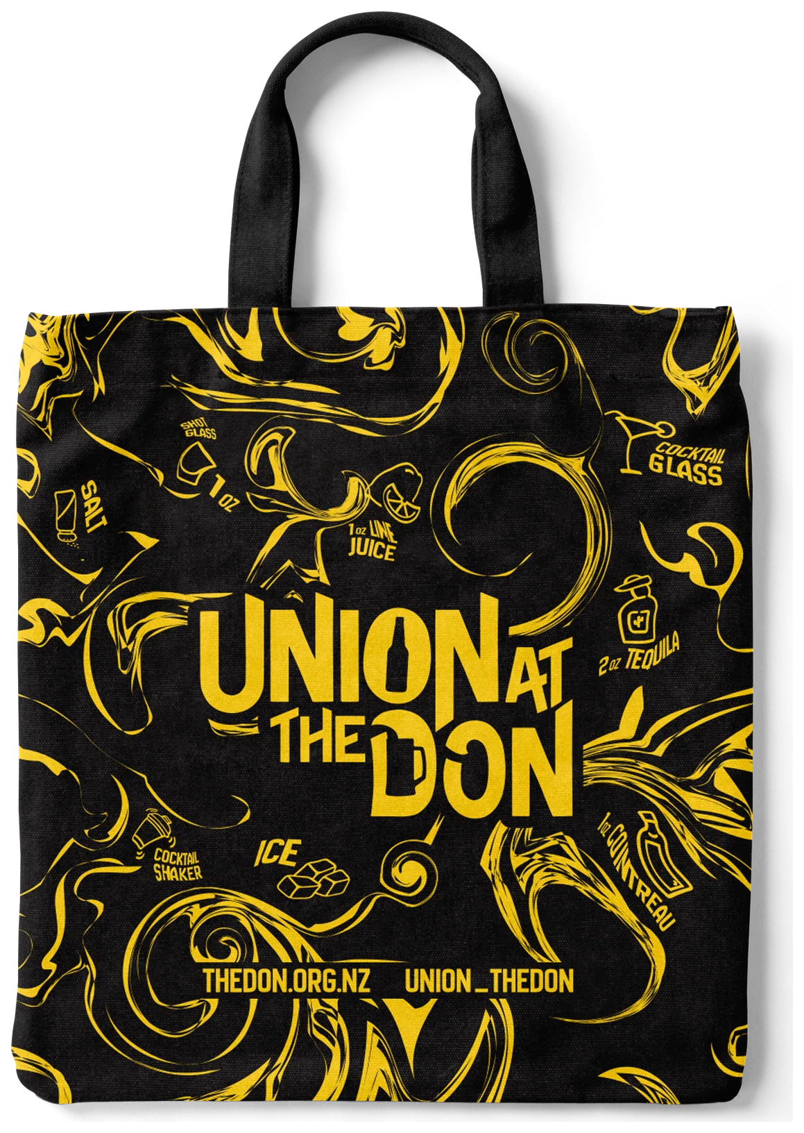 Black tote bag with gold swirling linework